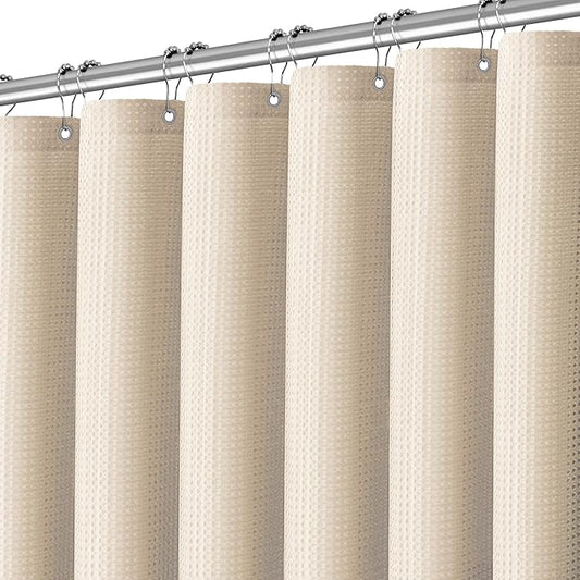 Beige Fabric Shower Curtain - Waffle Textured Heavy Duty Shower Curtains for Bathroom, 256GSM Hotel Spa Luxury Weighted Bath Curtain with 12 Hooks, 72x84, Beige