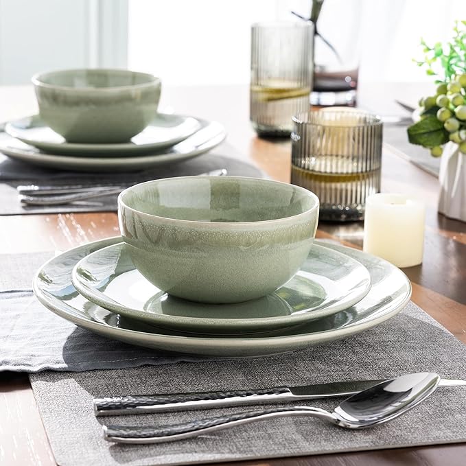 AmorArc Ceramic Dinnerware Sets for 6, 18 Pieces Handpainted Plates and Bowls Set, Scratch Resistant Stoneware Dishes Set, Dishwasher & Microwave Safe, Olive Green