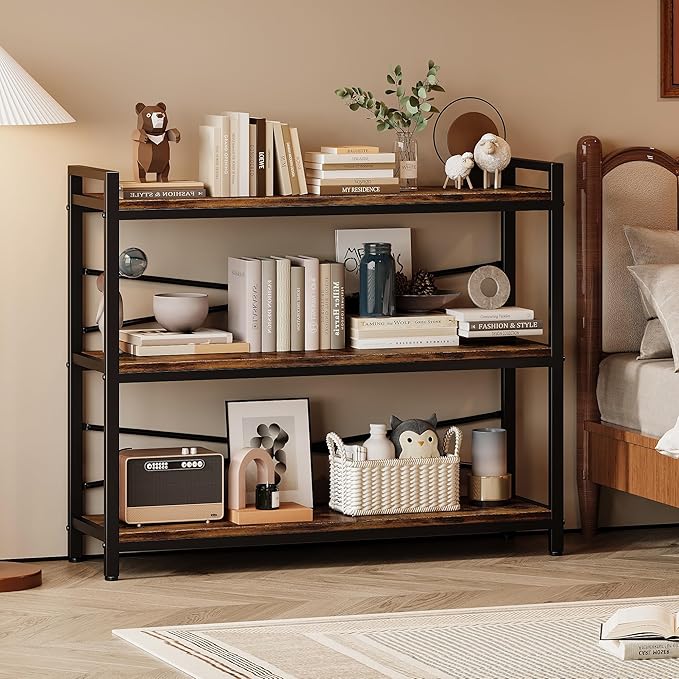 3 Tier Bookshelf 39.37" Width, Long Industrial Bookcase, Vintage Farmhouse Modern Wooden Big Book Shelf for Home Living Room Bedroom Office Storage(Rustic Brown)