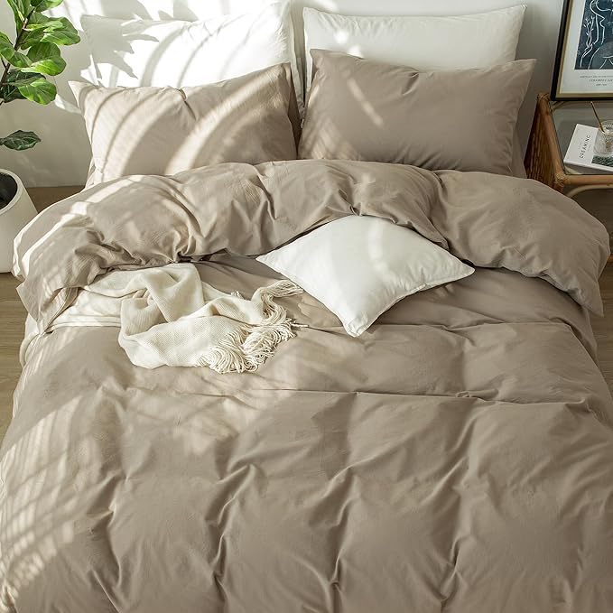 MooMee Bedding Duvet Cover Set 100% Washed Cotton Linen Like Textured Breathable Durable Soft Comfy (Solid Mocha Brown, Palatial King/Oversized King 120"x98")