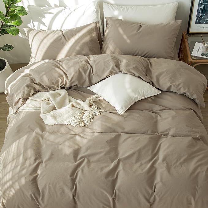 MooMee Bedding Duvet Cover Set 100% Washed Cotton Linen Like Textured Breathable Durable Soft Comfy (Solid Mocha Brown, Super Queen 90"x98")