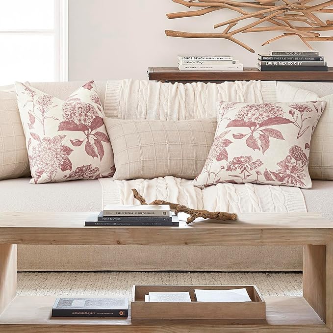 Foindtower Set of 2 Linen Floral Vintage Throw Pillow Covers Neutral Accent Decorative Cushion Covers Farmhouse Boho Home Decor for Sofa Chair Couch Bedroom Living Room Outdoor,20×20 Inch,Dark Pink