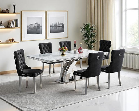Goujxcy 68" Faux Marble Dining Table Set for 6, 7-Piece Dining Set with White Silver Kitchen Table and 6 Velvet Tufted Chairs, Modern Rectangular Dining Room Table with X-Shape Stainless Steel Base