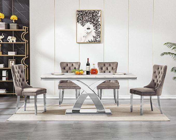 Goujxcy 5-Piece Dining Table Set Modern Faux Marble Dining Table Set for 4, Luxury 68" Long Faux Marble Kitchen Table with 4 Velvet Upholstered Chairs, Mirrored Stainless Steel Base