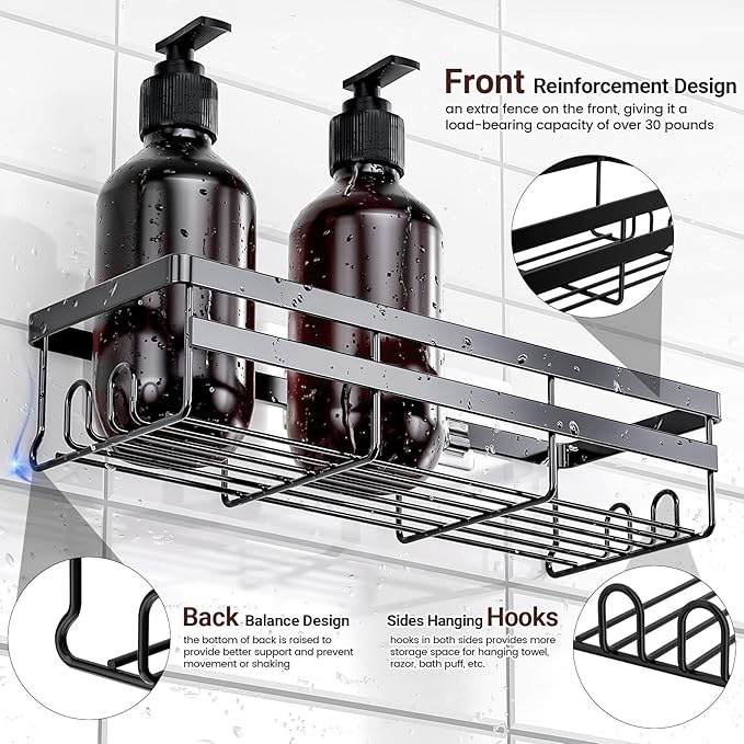 WOWBOX Shower Caddies 2 Pack - Adhesive Hanging Shower Shelf - Bathroom & Kitchen Organizers and Storage, No Drilling Stainless Shower Shelves for Home Decor Storage (Large), Black