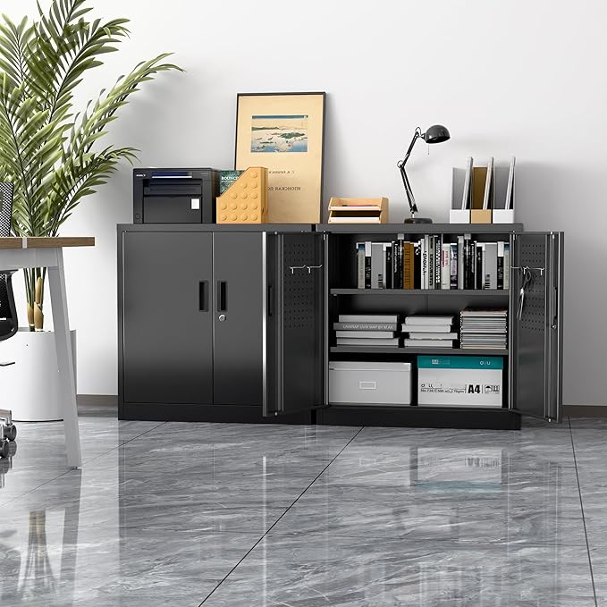 Aobabo 31.5" H Metal Storage Cabinet with 2 Shelves, Steel Lockable Cabinet with 4 Hooks for Home Office Garage, Black, Assembly Required