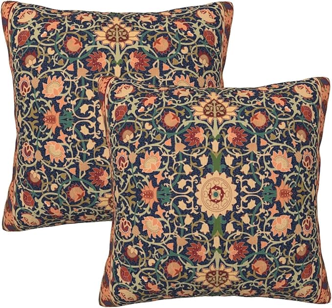 Boho Vintage Floral Throw Pillow Covers Set of 2 Burnt Orange Navy Flowers Plant Bohemian Pillowcases Cushion Case Square for Soft Home Decor Bed Couch Car Living Room 18x18 Inch