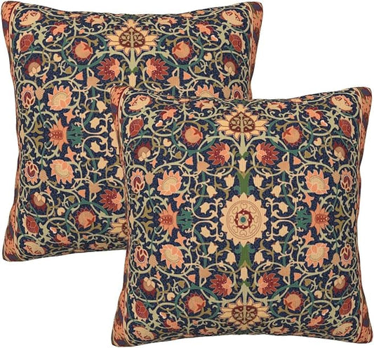 Boho Vintage Floral Throw Pillow Covers Set of 2 Burnt Orange Navy Flowers Plant Bohemian Pillowcases Cushion Case Square for Soft Home Decor Bed Couch Car Living Room 18x18 Inch