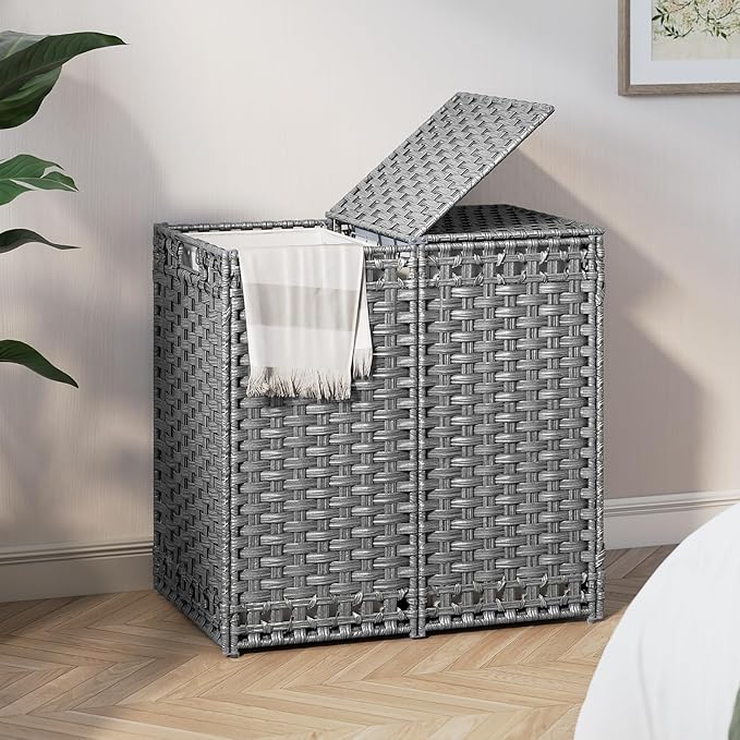 170L Foldable Laundry Hamper with Lid - Handwoven Rattan Storage Basket, 2-Section Clothes Hamper w/2 Removable Liner Bags, Easy Assembly, Portable for Bedroom Bathroom Dorm,Grey