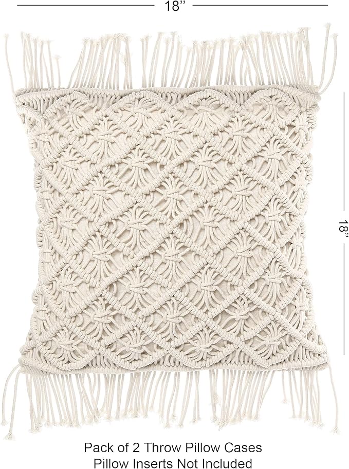 REDEARTH · Macrame Throw Pillow Cushion Covers-Woven Decorative Farmhouse Square Cases Set for Couch, Sofa, Bed, Farmhouse, Chair, Dining, Patio, Outdoor, car; 100% Cotton (18x18; Natural) Pack of 2