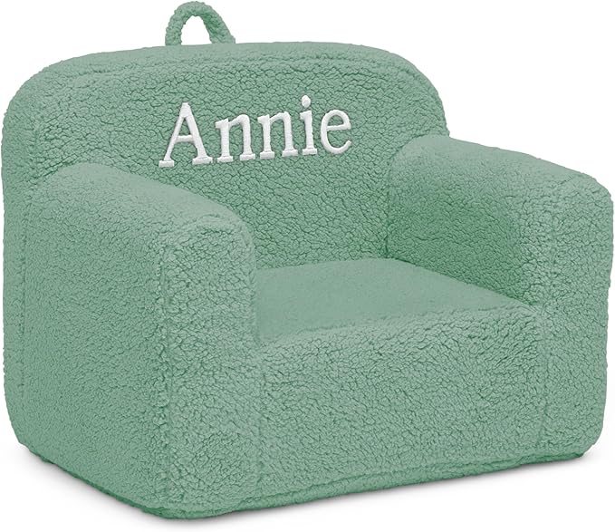 Delta Children Personalized Sherpa Cozee Chair - Customize with Name – Foam Kids Chair for Ages 18 Months and Up, Sage