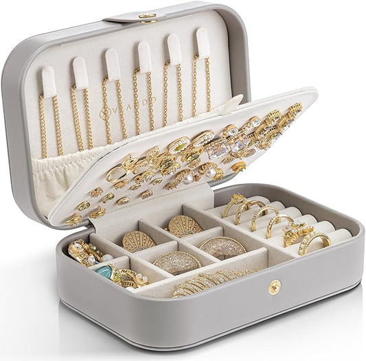 Vlando Travel Jewelry Case, PU Leather Travel Jewelry Box with Earring Holder, Portable Display Small Jewelry Box for Mothers Day Women Girls Gift - Grey