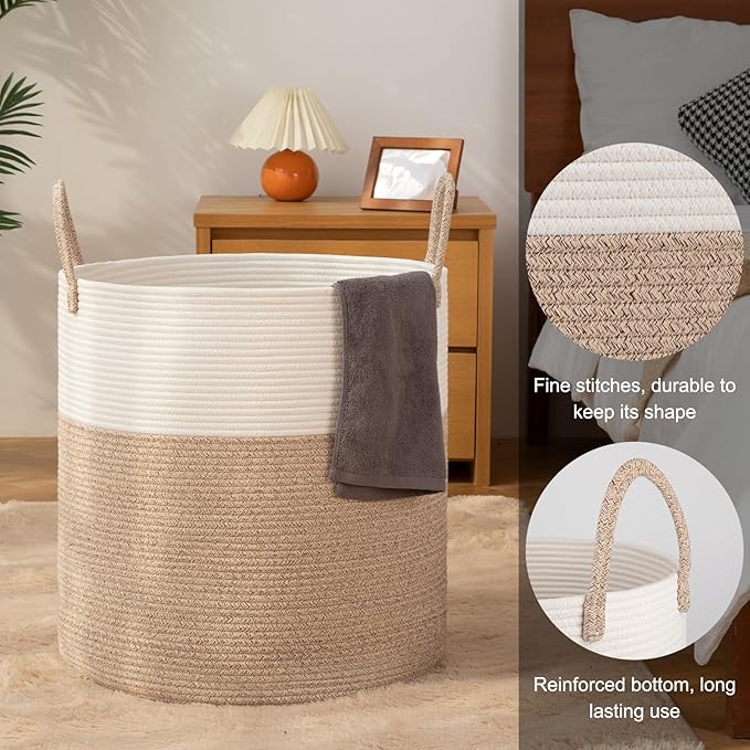 OIAHOMY 100L Laundry Hamper, Dirty Clothes Hamper for Bedroom, Collapsible Laundry Basket, Large Blanket Basket, Nursery Hamper with Handle, Blanket Storage for Living Room-18.5x21inches-Brown&White