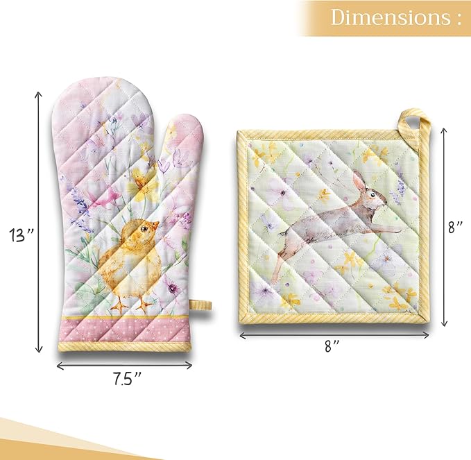 Maison d' Hermine 100% Cotton Oven Mitt & Pot Holder Set (7.5"x13" & 8"x8") Heat Resistant BBQ Cooking Gloves with Loop, Baking, Grilling, Kitchen, Handling Hot Pans Spring/Summer (Easter Zest)