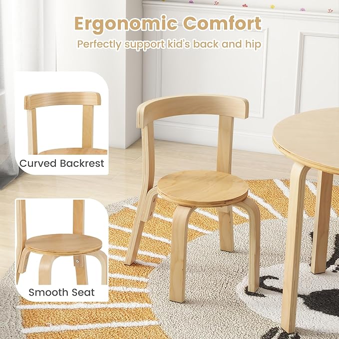 HONEY JOY Kids Table and Chair Set, Bentwood Toddler Round Table and 4 Chairs for Craft Art, Building Block, 5-Piece Children Furniture Set for Daycare, Kindergarten, Playroom (Natural)