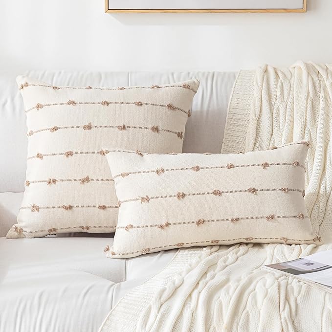 Boho Throw Pillow Covers 12x20 Set of 2 Modern Farmhouse Decorative Cushion Case Tufted Square Pillows Cover Neutral Pillow Cases Accent Pillowcase for Sofa,Couch,Bed,Beige and Khaki
