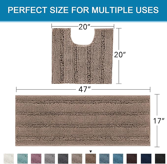 H.VERSAILTEX Bathroom Rugs Bath Rug Set 2 Piece Bathroom Contour Rug Toilet Mat Sets Non Slip Contour Bath Rug Ultra Thick Water Absorbent Striped Bath Mats(47" x 17" Plus 20" x 20" U, Taupe Brown)