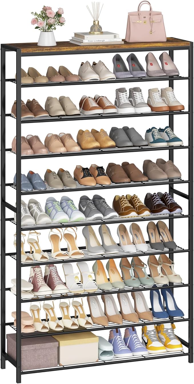 HOMEFORT 10 Tiers Shoe Rack Organizer,39.4" Shoe Storage Shelf for Closet, Shoe Rack for Entryway,Holds 45-50 Pairs of Shoe, Tall Shoe Stand with Metal Shelves and MDF Top Board,Rustic Brown