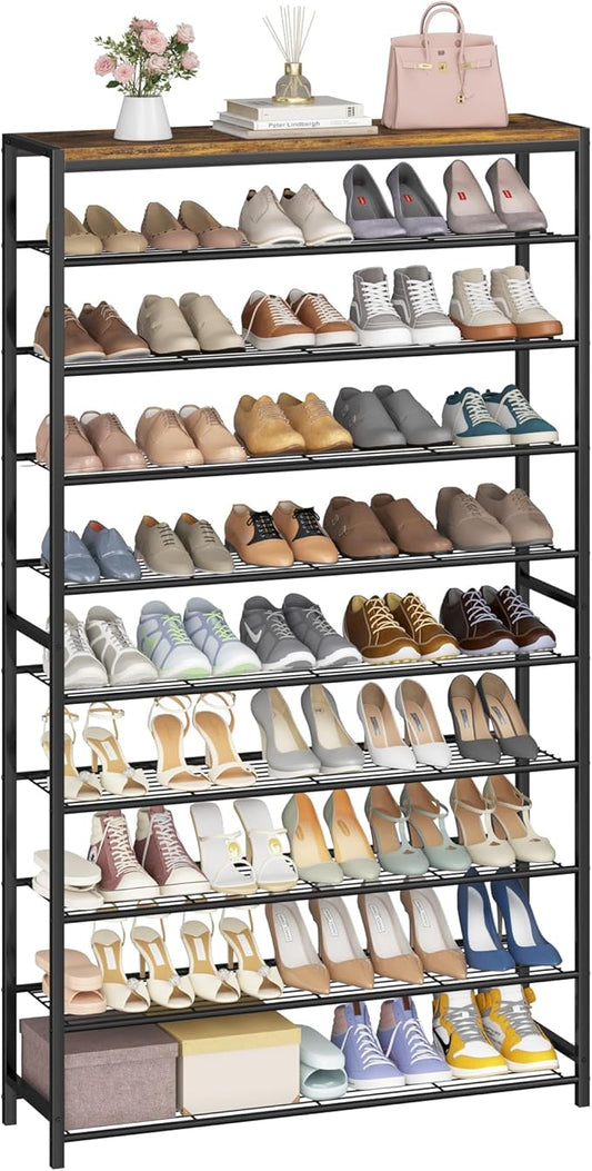 HOMEFORT 10 Tiers Shoe Rack Organizer,39.4" Shoe Storage Shelf for Closet, Shoe Rack for Entryway,Holds 45-50 Pairs of Shoe, Tall Shoe Stand with Metal Shelves and MDF Top Board,Rustic Brown