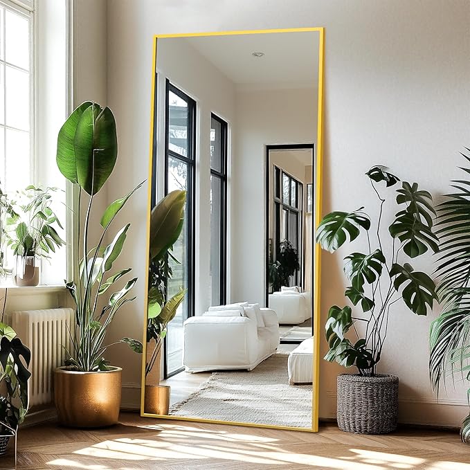 Delma Full Length Standing Mirror,Large Floor Mirror with Aluminum Frame for Bedroom, Bathroom, Living Room,Wall Mount or Freestanding Design(with Stand,Rect 75x35-Gold)