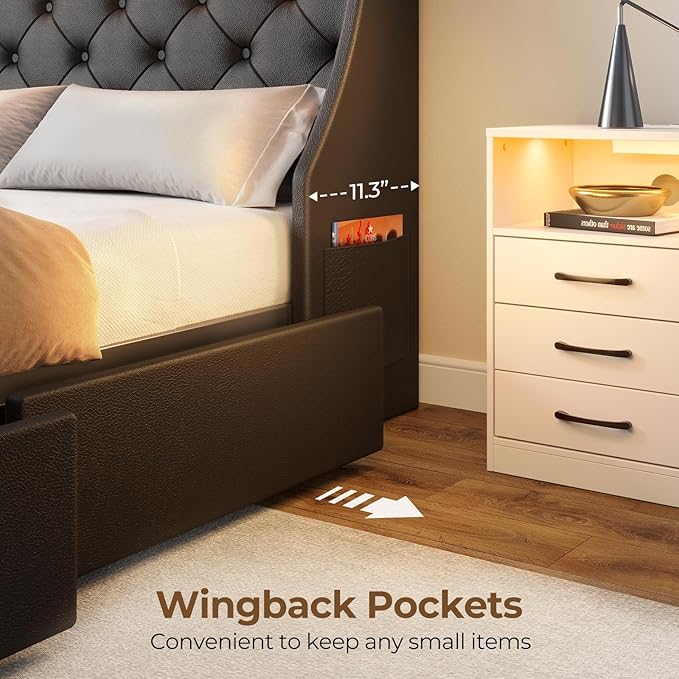 Rolanstar Twin Bed Frame with LED Lights and Charging Station, PU Leather Bed with Drawers, Wooden Slats, Noise Free, Easy Assembly, Black