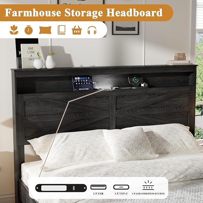 Farmhouse Wooden Bed Frame Queen Size with Storage Headboard, Boho Platform Bedframe with LED Lights and Charging Station, Metal Slats Support, No Box Spring Needed, Black