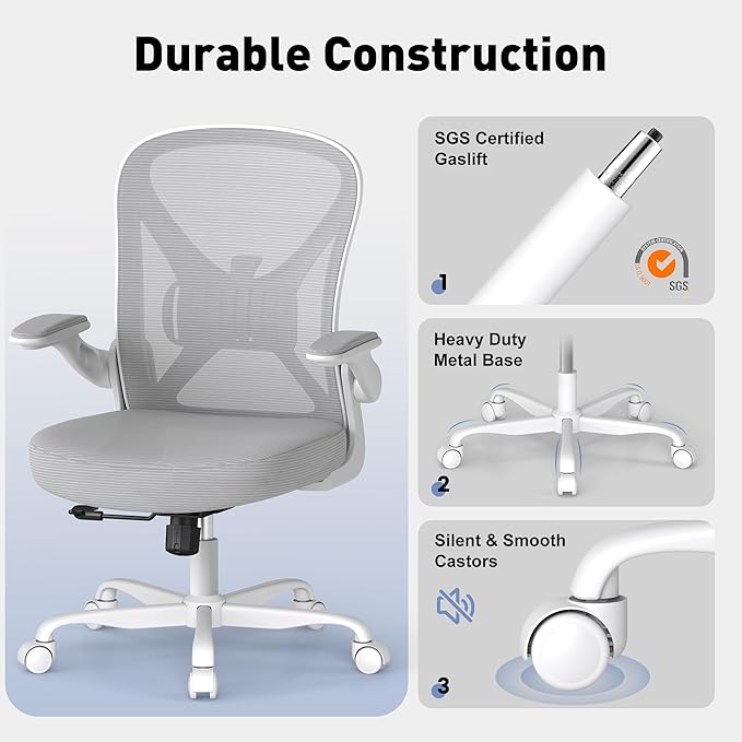 Ergonomic Office Chair with Adjustable Lumbar Support, Mesh Home Office Desk Chair with Wheels and Flip-up Arms, Grey