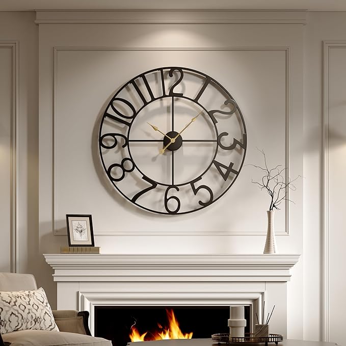 Large Wall Clock for Living Room Kitchen Mantel Decor, 30 Inch Decorative Wall Clock Silent Non Ticking Battery-Operated Metal Round Modern Black Wall Clocks Arabic Numerals