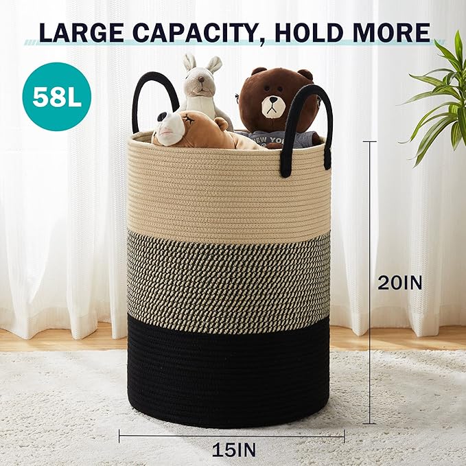 Woven Rope Laundry Hamper Basket, 58L Tall Laundry Basket for Blanket Organizer- Clothes Hamper for Bedroom Storage, Baby Kids Nursery Hamper-Large-Black & Brown