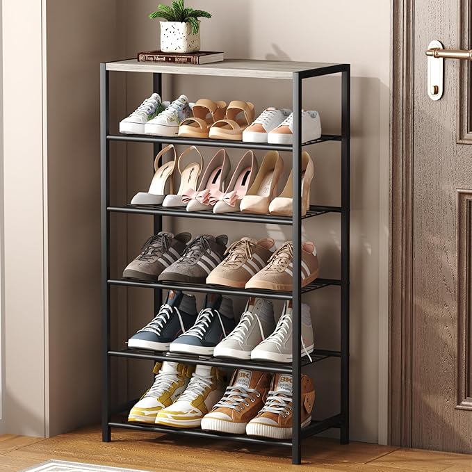 HOMEFORT 6 Tiers Shoe Rack Organizer,23" Shoe Storage Shelf for Closet, Shoe Rack for Entryway, Each Tier Fits 3 Pairs, Shoe Stand with Metal Shelves and MDF Top Board, Washed Gray