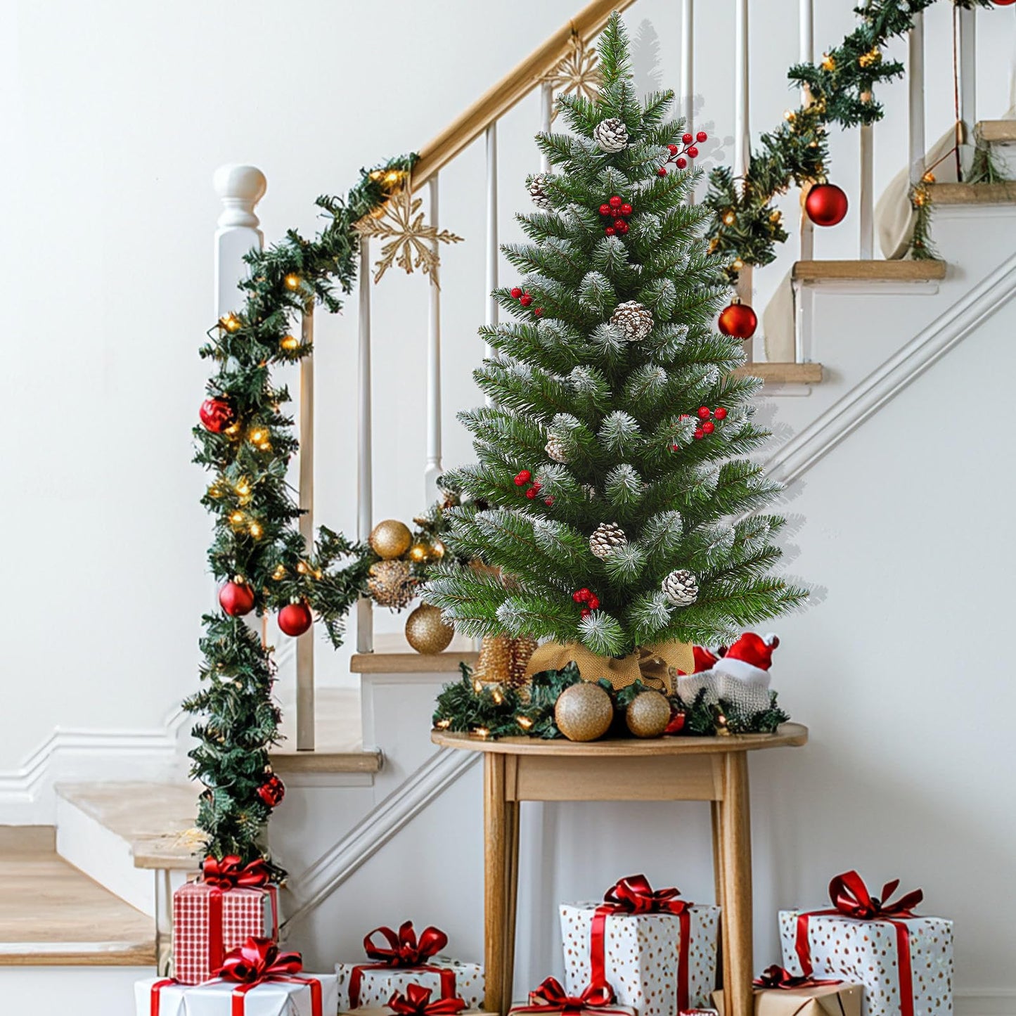 Remote Control - 3 Ft Artificial Mini Christmas Tree, Snowy Tabletop Christmas Tree 50 Warm White & Colorful Lights Timer Battery Operated 110 Branches 12 Pinecones 84 Red Berry Burlap Base Xmas Decor