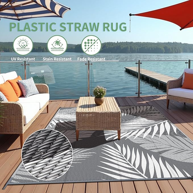 Outdoor Rug 6’x9’ Waterproof for Patio Clearance, Reversible Indoor Outdoor Plastic Straw Camping Rug Carpet, RV Mat, Large Area Rug for Deck, Backyard, Balcony, Porch, Beach, Grey & White