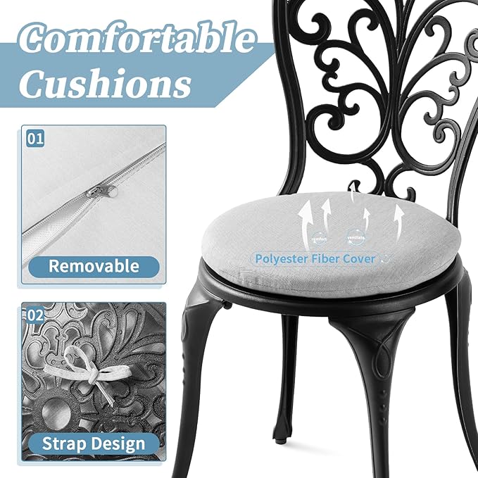 Patio Bistro Set 3 Piece with Cushions, All Weather Bistro Table and Chairs Set of 2 with Umbrella Hole, Outdoor Bistro Set, Cast Aluminum Patio Furniture Set for Garden Porch, Black