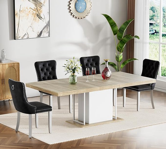 Goujxcy 78.7" Farmhouse Extendable Dining Room Table Set for 4, 5-Piece Rectangle Kitchen Dining Room Table Set with Wood Base and 4 Black Velvet Dining Chairs, Extending Kitchen & Dining Table Set