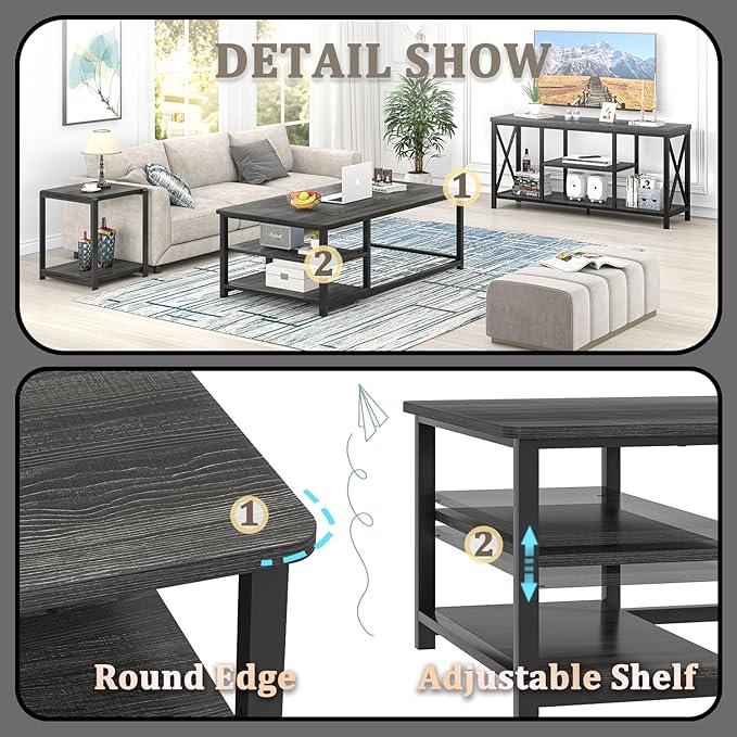 EXCEFUR Coffee Table, Rustic Wood and Metal Living Room Table with Adjustable Storage Shelf, Dark Grey, 47 Inch