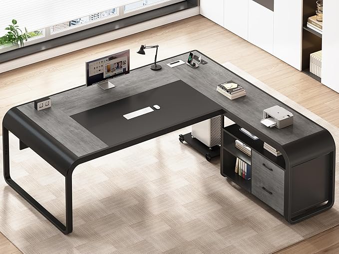 SEDETA 63 Inch Executive Desk, L Shaped Desk with Drawers, Large Office Desk with File Drawer, Computer Desk with Mobile CPU Stand, Storage Shelves, Power Outlets for Home Office, Gray