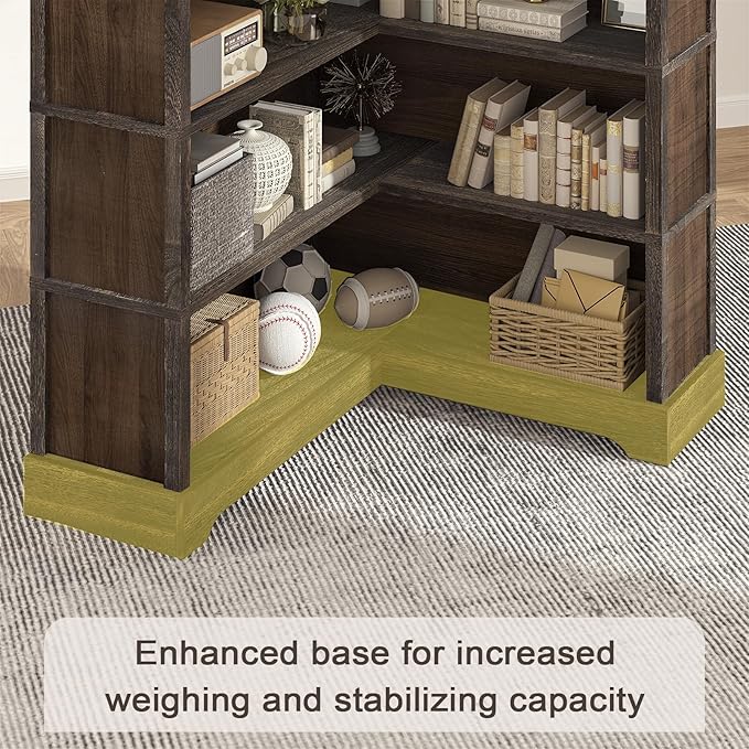 TVU Wood Corner Book Shelf, 5 Tier 65 Inch Tall Bookshelf with Storage, Floor Standing Display Book Shelf for Living Room, Kitchen, Home Office, Rustic Brown