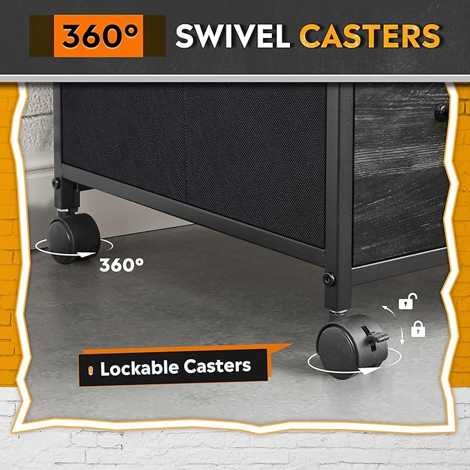 DEVAISE 3 Drawer Mobile File Cabinet, Rolling Printer Stand with Open Storage Shelf, Fabric Lateral Filing Cabinet fits A4 or Letter Size for Home Office, Charcoal Black Wood Grain Print