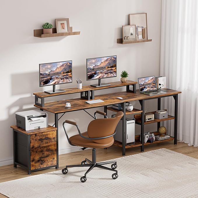 67'' L Shaped Compuer Desk with Drawers, Large Gaming Desk with File Drawer & 2 Monitor Stands, Corner Desks for Home Office, Rustic Brown