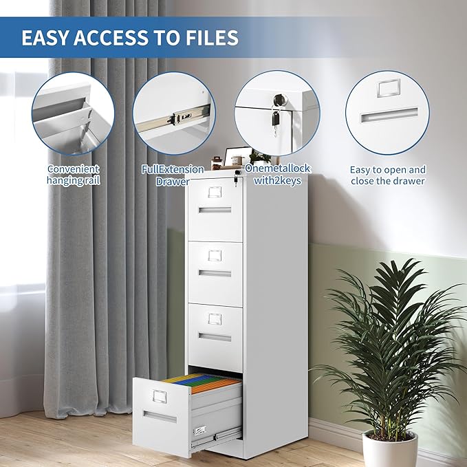 4 Drawer File Cabinet with Lock, Metal Filing Cabinets for Home Office, Vertical Narrow File Cabinet Lockable Steel Storage Cabinets for Letter/Legal/F4/A4 Size, Assembly Required(White)