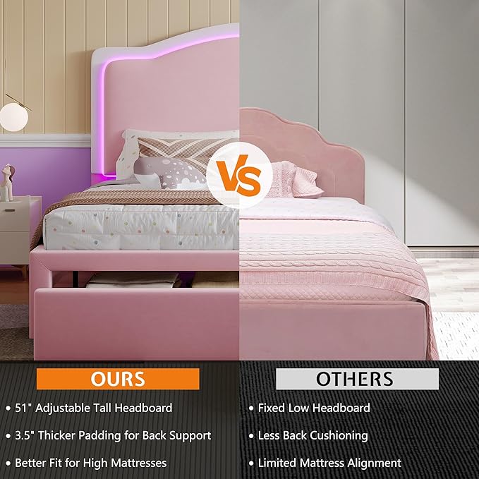 Jocisland Twin Bed Frame with 51" Tall & Thick Adjustable Headboard, Storage Drawer, RGB LED Lights, No Box Spring Needed, Velvet Upholstered, Pink