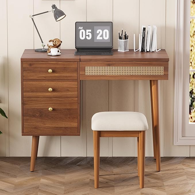 Merax 39" Retro Bohemian Style Vanity Desk, Makeup with Mirror & LED Lights, 3 Drawers & 10 Compartments Storage Dressing Table with Flip-Top Tabletop, Walnut