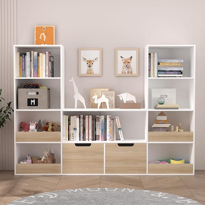 Toy Organizer and Nursery Bookshelf, 4-Tier Wooden Kids Bookcase with Storage Bins, Playroom Storage Rack for Toys and Books, Toy Storage Organizer for Playroom, Nursery, Classroom, Oak & White