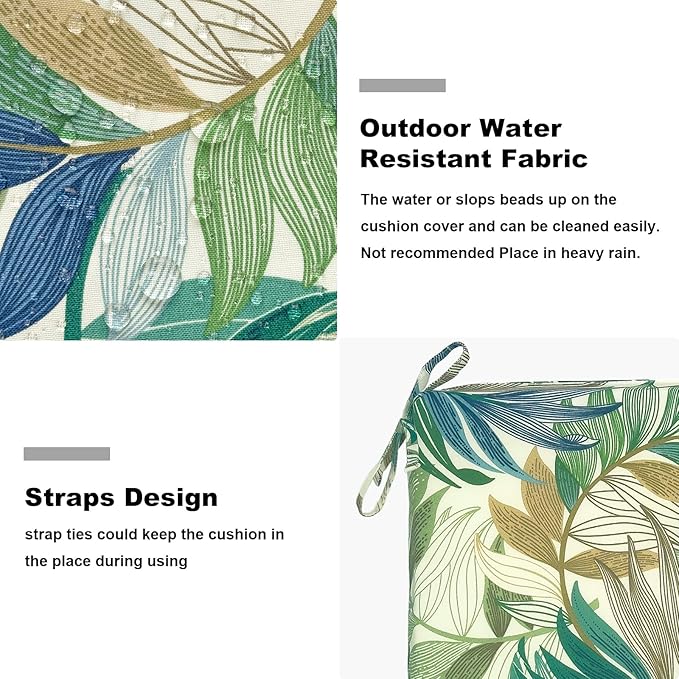 Set of 4 Outdoor Square Chair Cushions 18.5"x16"x2" for Patio, Water Resistant Patio Dining Seat Pads Replacement for Kitchen Garden and Outdoor Furniture Decoration - Lush Leaf Green