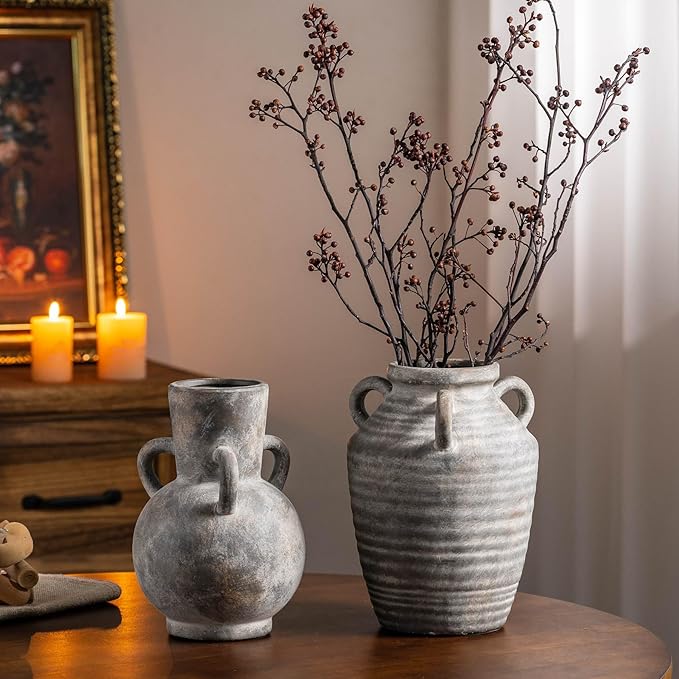Rustic Grey Terracotta Ceramic Vase with Handles, Vintage Pottery Floral Vases, Cottage Core for Home Decor Table Centerpiece, Large Flower Vase for Bouquets Table Mantel Bedroon Bathroom 8.5 Inch