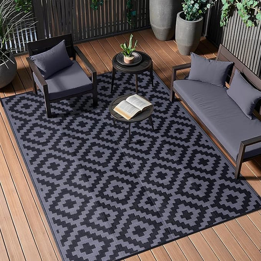 OLANLY Waterproof Outdoor Rug 6x9 ft, Outdoor Plastic Straw Rug for Camping, RV Mat Outside, Indoor Outdoor Carpet for Porch, Deck, Backyard, Balcony, Picnic, Black & Grey