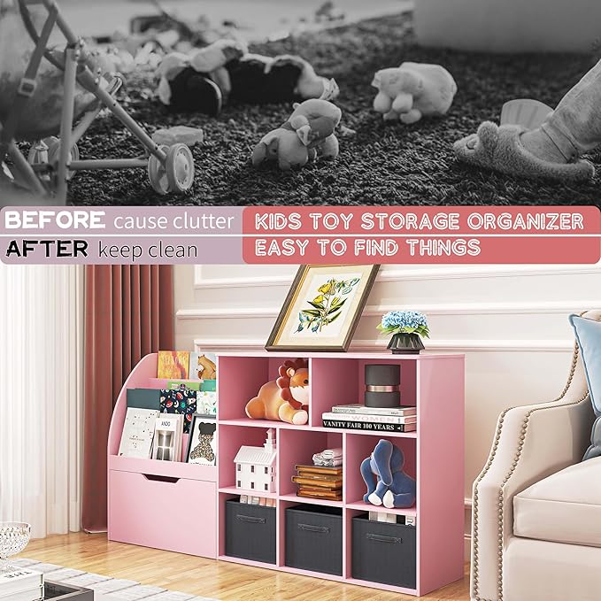 Kids Bookshelf and Toy Storage, Toy Storage Organizers with Movable Drawers & 3 Storage Bins, Kids Reading Nook Toy Organizers Shelf with 5 Cubbies, Pink