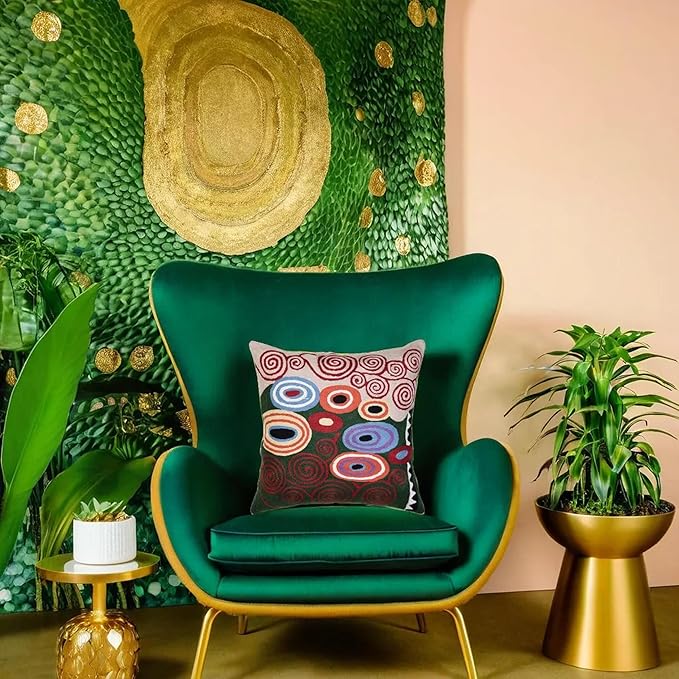 Klimt Green Modern Pillow Cover Needlepoint Throw Pillowcase Decorative Chair Cushion Farmhouse Couch Mid Century Sofa Cushions Hand Embroidered Wool Size 18x18