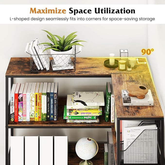 Tangkula Large Corner Bookshelf, 90 Degrees 5-Tier Industrial Wood Open Corner Bookcase for Small Spaces, Heavy-Duty Metal Frame, 71”H L-Shaped Storage Display Rack for Living Room (Rustic Brown)