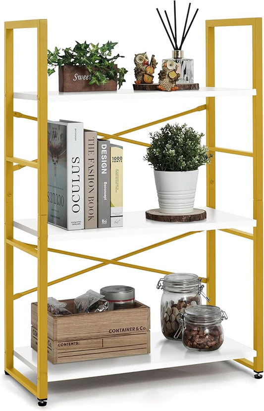 CAPHAUS 3 Tier Small Bookshelf, 24 Inch Width Free Standing Shelf, Bookcase Shelf Storage Organizer, Industrial Book Shelves for Home Office, Living Room, White Wooden Shelves & Gold Frame